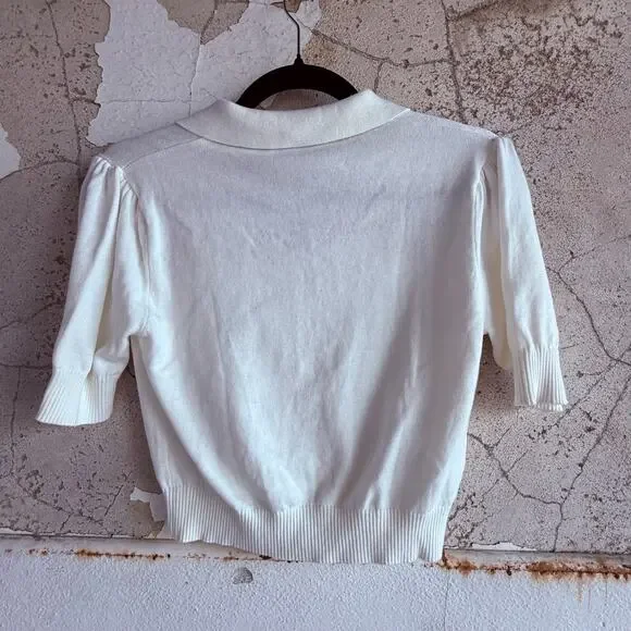 Cardigan Top Floral Embroidered Short Sleeve Sweater Cropped Button Front Size 6 - Picture 7 of 7